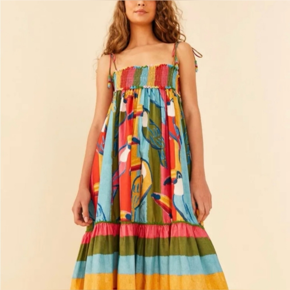 NWT Anthropologie Farm Rio Wonderful Toucans Organic Cotton Midi Dress - M
